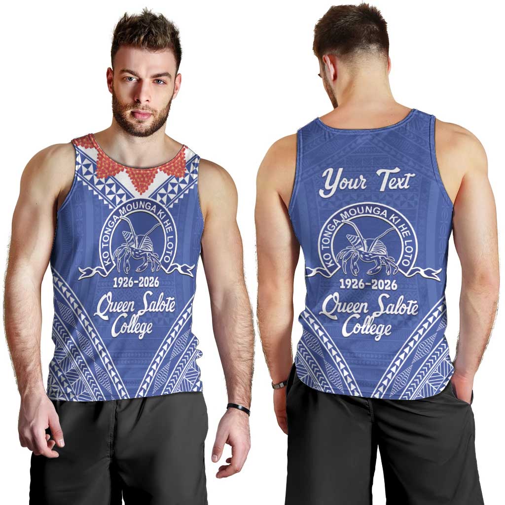 Queen Salote College 100 Years Personalized Men Tank Top Tonga QSC Heilala Lei Blue Ngatu Pattern