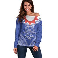 Queen Salote College 100 Years Personalized Off Shoulder Sweater Tonga QSC Heilala Lei Blue Ngatu Pattern