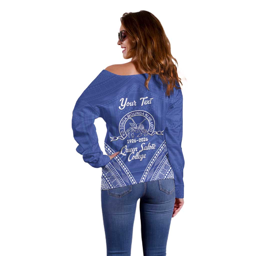 Queen Salote College 100 Years Personalized Off Shoulder Sweater Tonga QSC Heilala Lei Blue Ngatu Pattern