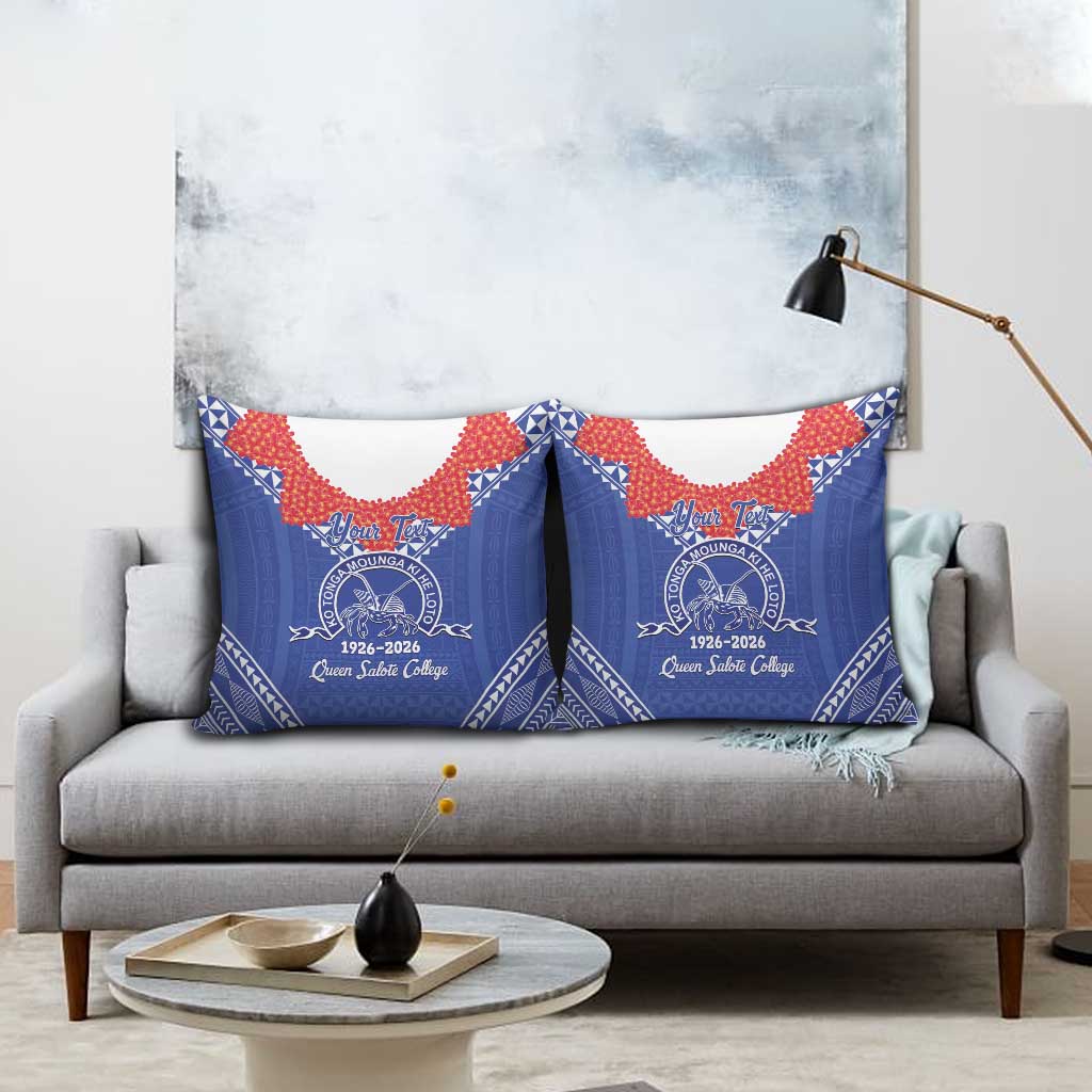 Queen Salote College 100 Years Personalized Pillow Cover Tonga QSC Heilala Lei Blue Ngatu Pattern