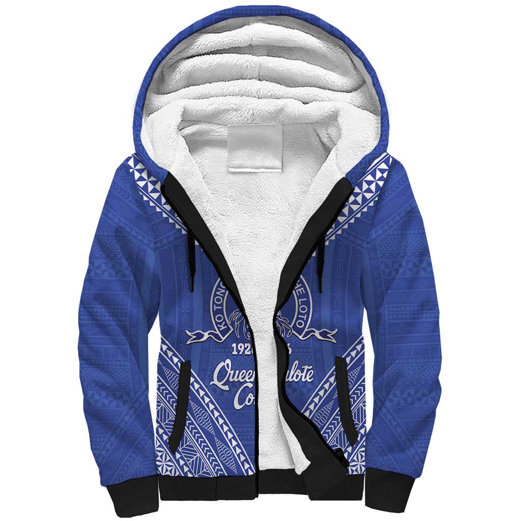 Queen Salote College 100 Years Personalized Sherpa Hoodie Tonga QSC Heilala Lei Blue Ngatu Pattern LT14 Unisex Blue - Polynesian Pride