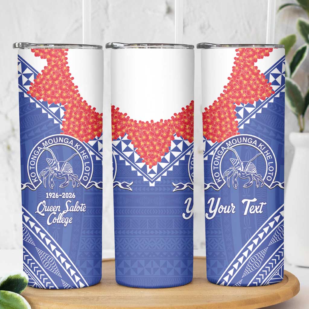 Queen Salote College 100 Years Personalized Skinny Tumbler Tonga QSC Heilala Lei Blue Ngatu Pattern