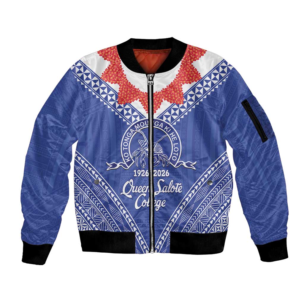 Queen Salote College 100 Years Personalized Sleeve Zip Bomber Jacket Tonga QSC Heilala Lei Blue Ngatu Pattern