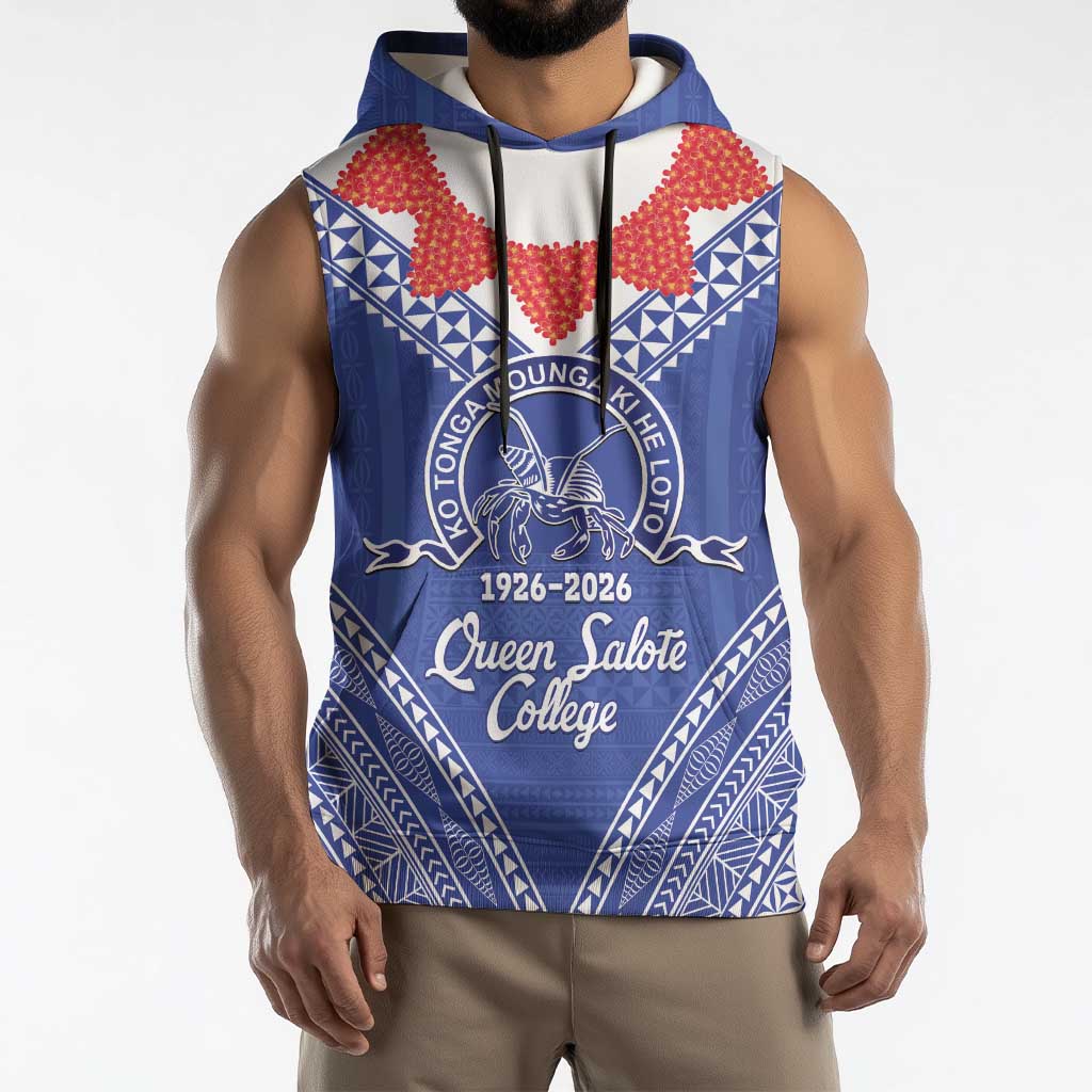 Queen Salote College 100 Years Personalized Sleeveless Hoodie Tonga QSC Heilala Lei Blue Ngatu Pattern LT14 - Polynesian Pride