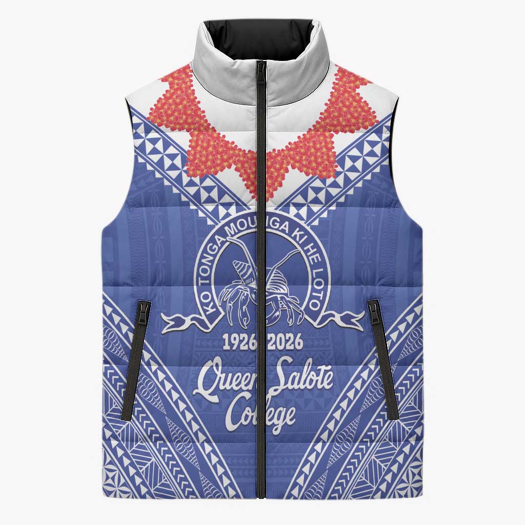 Queen Salote College 100 Years Personalized Sleeveless Puffer Jacket Tonga QSC Heilala Lei Blue Ngatu Pattern