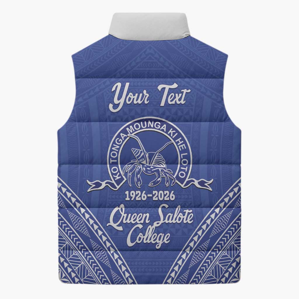 Queen Salote College 100 Years Personalized Sleeveless Puffer Jacket Tonga QSC Heilala Lei Blue Ngatu Pattern