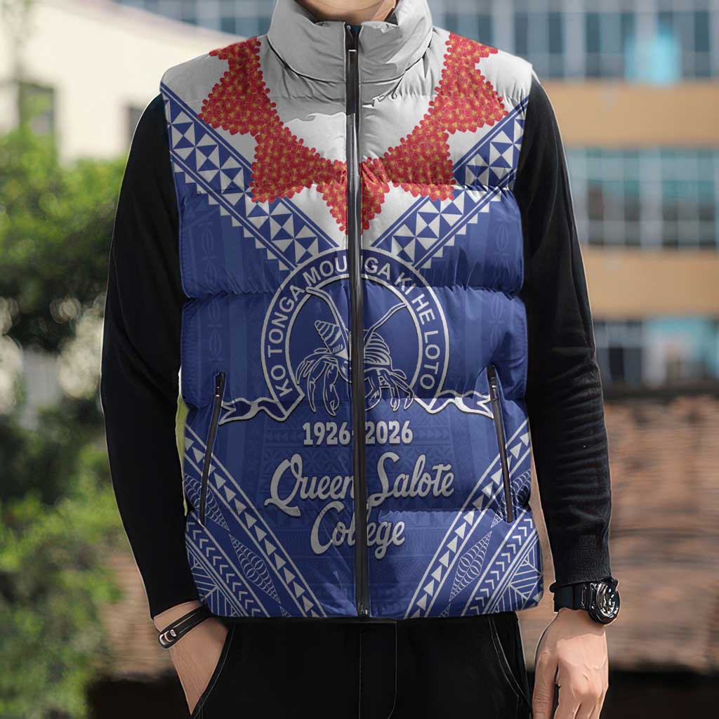 Queen Salote College 100 Years Personalized Sleeveless Puffer Jacket Tonga QSC Heilala Lei Blue Ngatu Pattern