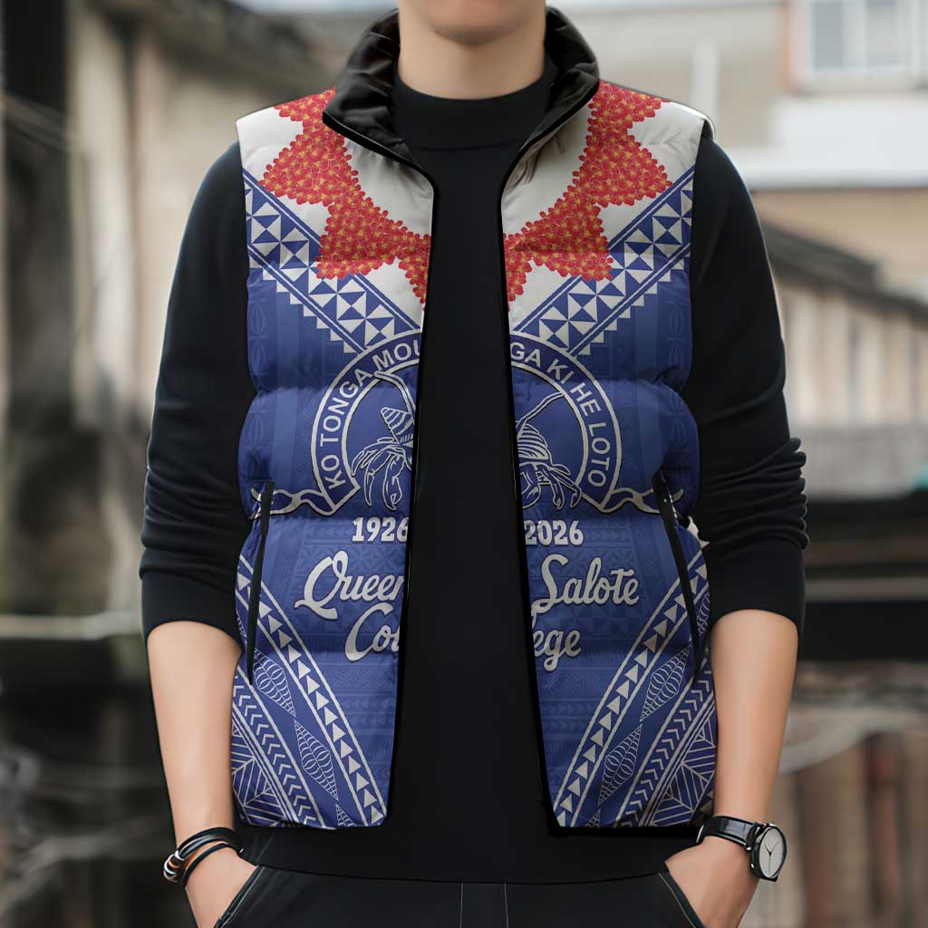 Queen Salote College 100 Years Personalized Sleeveless Puffer Jacket Tonga QSC Heilala Lei Blue Ngatu Pattern
