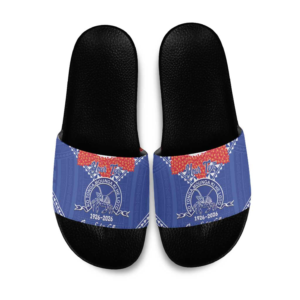 Queen Salote College 100 Years Personalized Slide Sandals Tonga QSC Heilala Lei Blue Ngatu Pattern