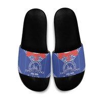 Queen Salote College 100 Years Personalized Slide Sandals Tonga QSC Heilala Lei Blue Ngatu Pattern