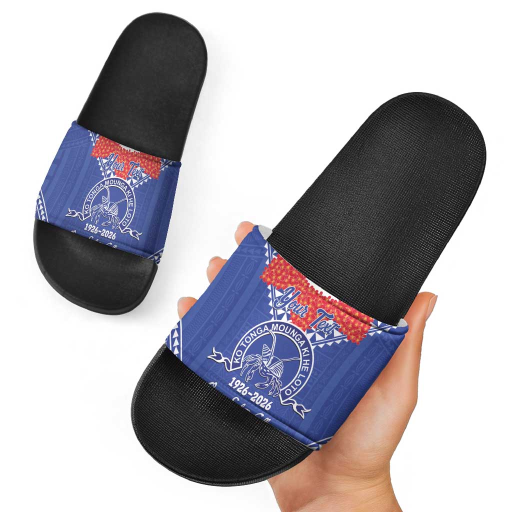 Queen Salote College 100 Years Personalized Slide Sandals Tonga QSC Heilala Lei Blue Ngatu Pattern