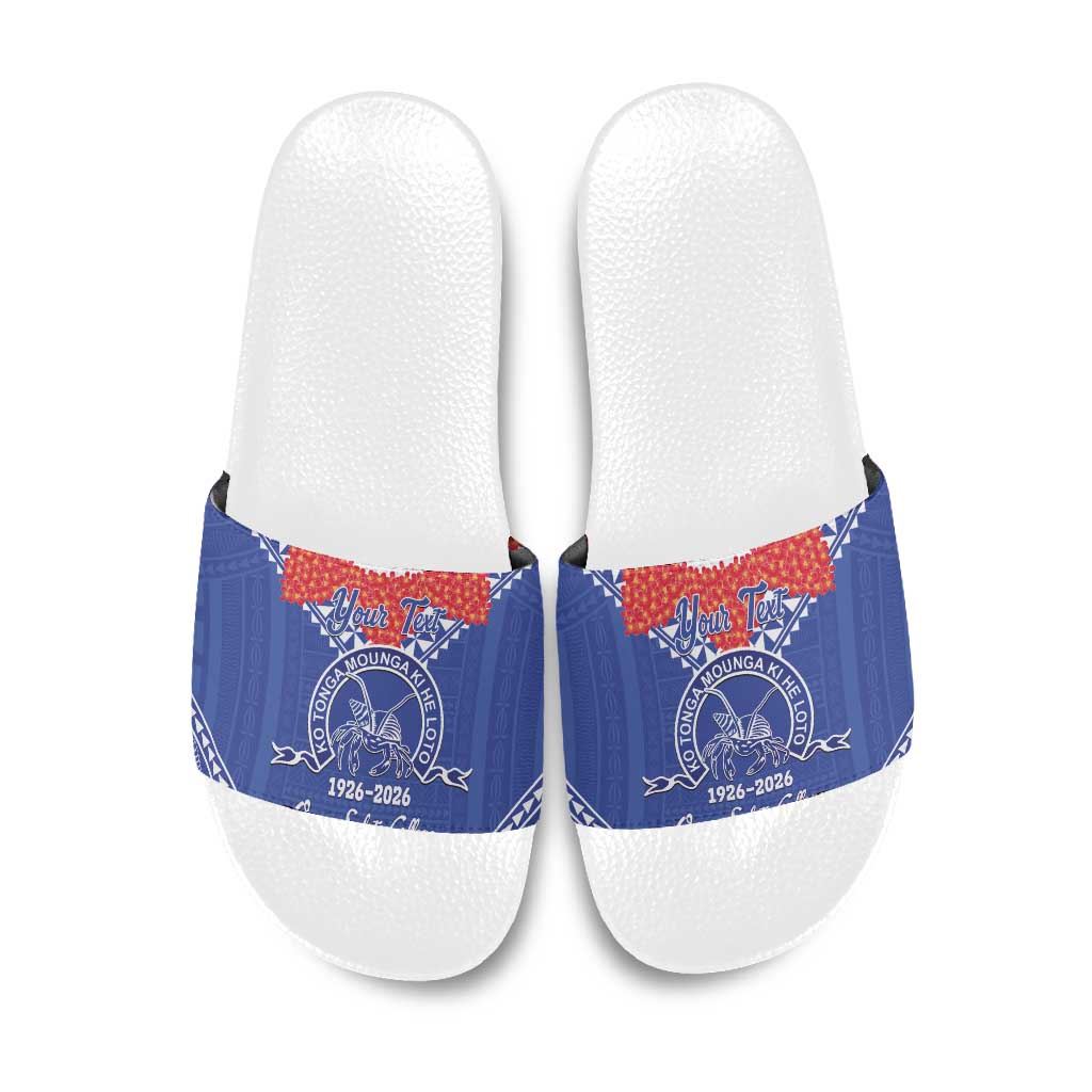 Queen Salote College 100 Years Personalized Slide Sandals Tonga QSC Heilala Lei Blue Ngatu Pattern