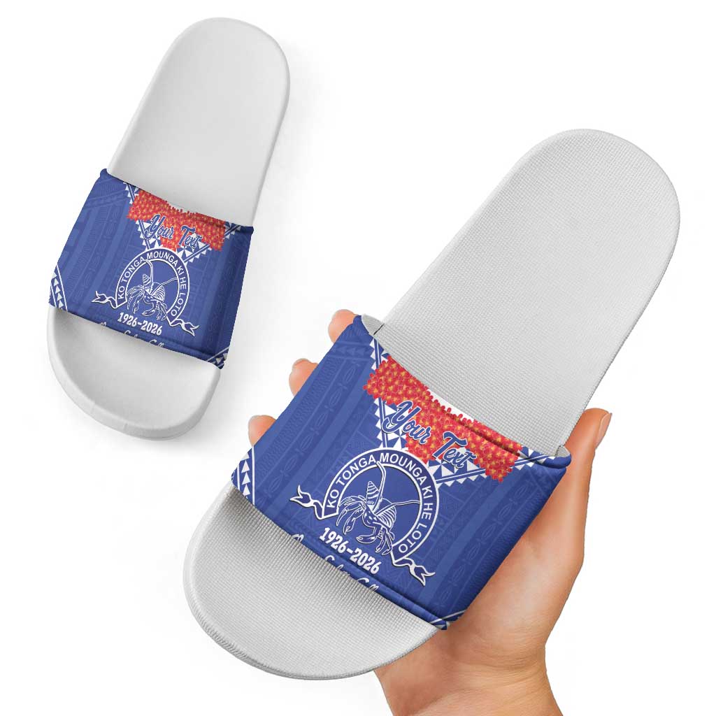 Queen Salote College 100 Years Personalized Slide Sandals Tonga QSC Heilala Lei Blue Ngatu Pattern