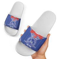 Queen Salote College 100 Years Personalized Slide Sandals Tonga QSC Heilala Lei Blue Ngatu Pattern