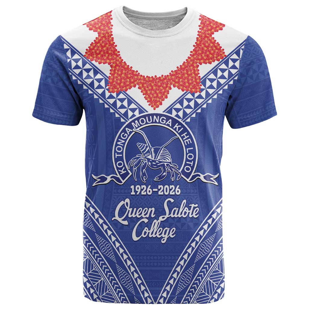Queen Salote College 100 Years Personalized T Shirt Tonga QSC Heilala Lei Blue Ngatu Pattern