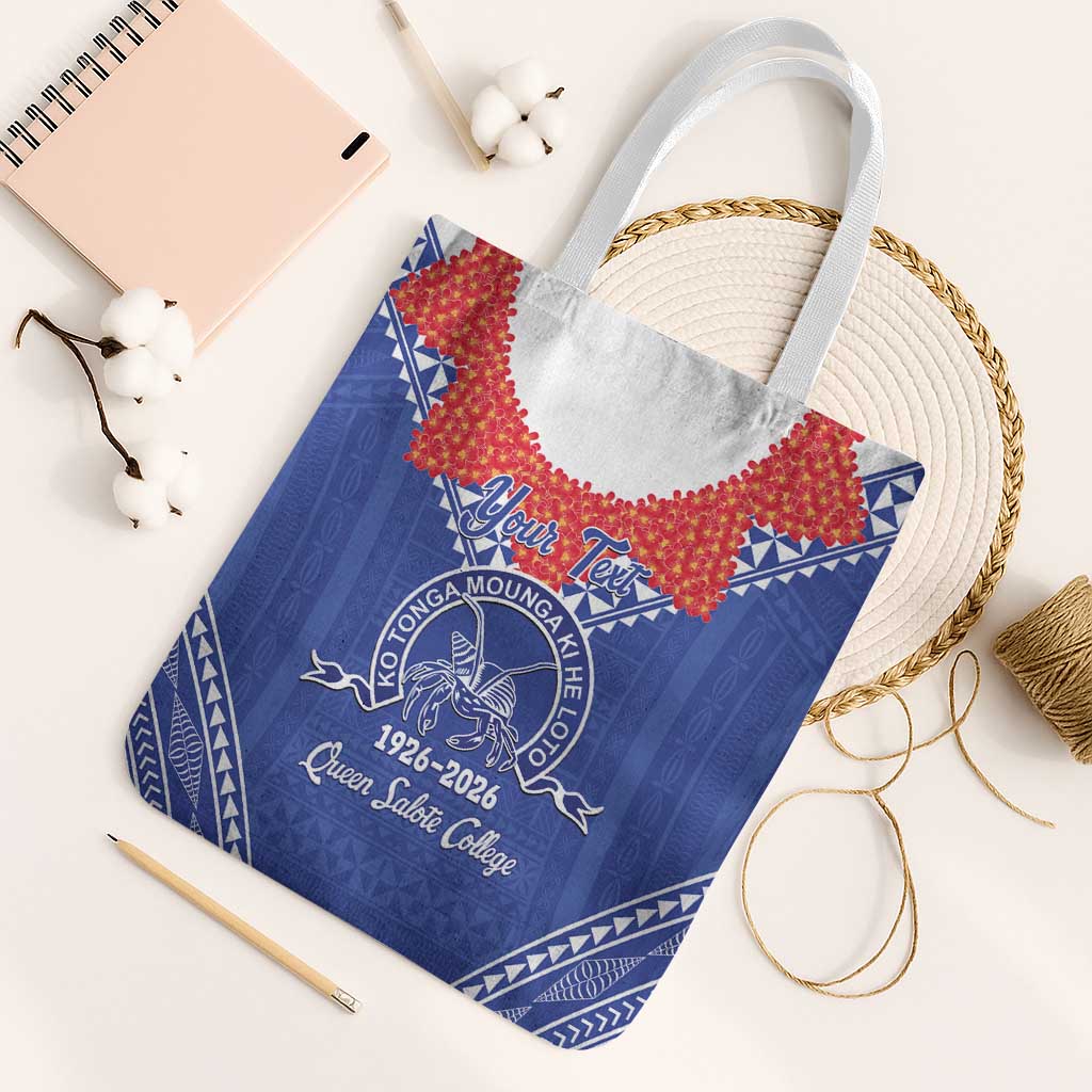 Queen Salote College 100 Years Personalized Tote Bag Tonga QSC Heilala Lei Blue Ngatu Pattern