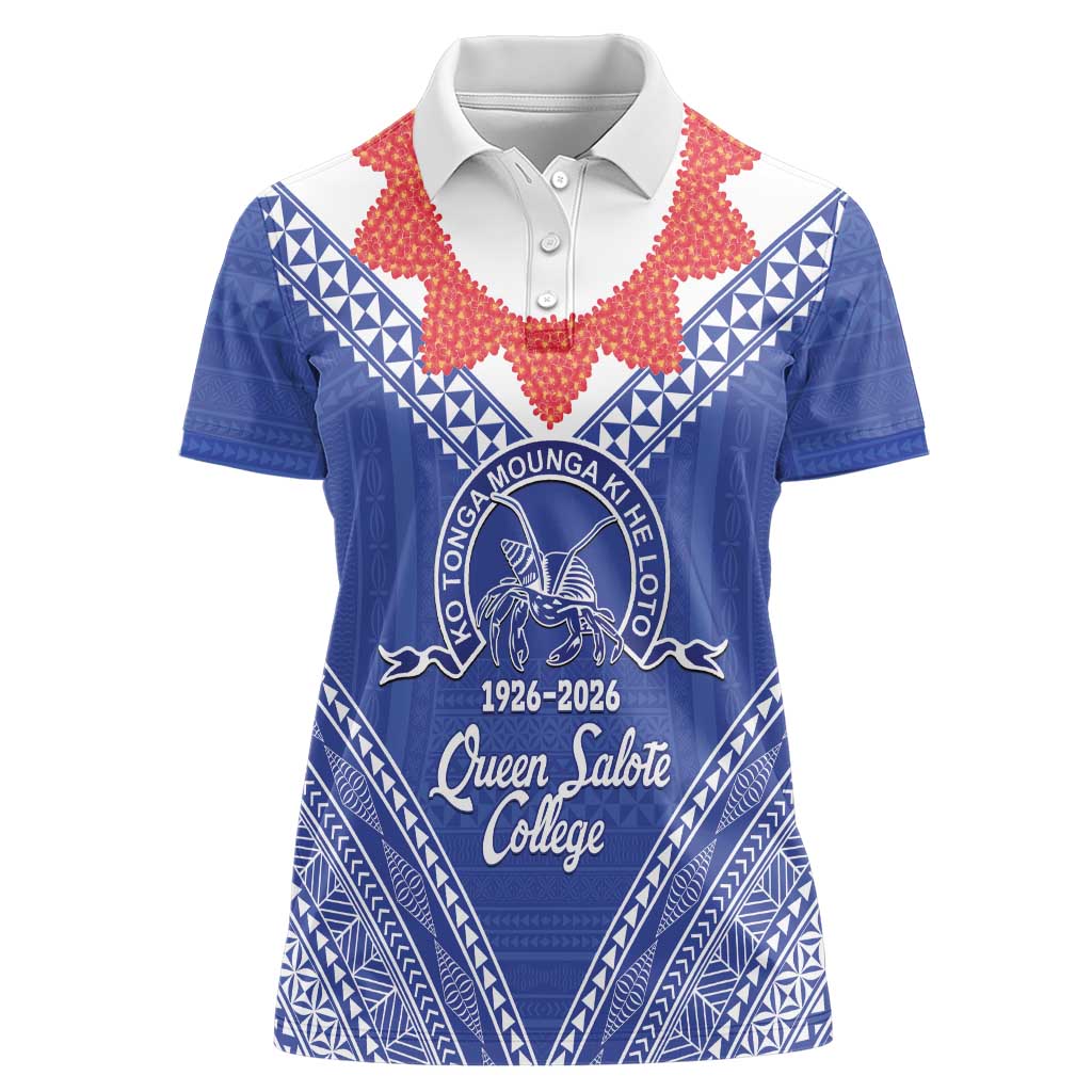 Queen Salote College 100 Years Personalized Women Polo Shirt Tonga QSC Heilala Lei Blue Ngatu Pattern LT14 Female Blue - Polynesian Pride