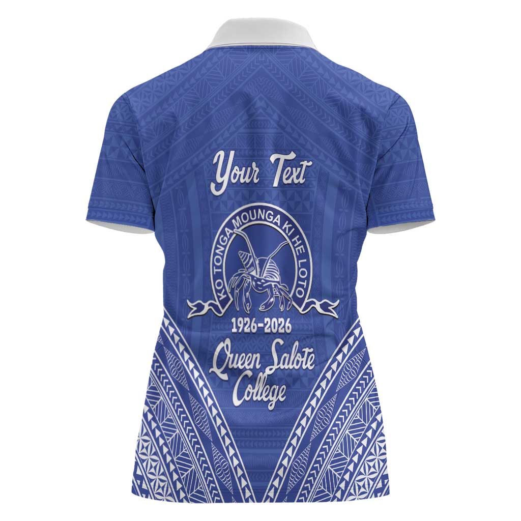 Queen Salote College 100 Years Personalized Women Polo Shirt Tonga QSC Heilala Lei Blue Ngatu Pattern LT14 - Polynesian Pride