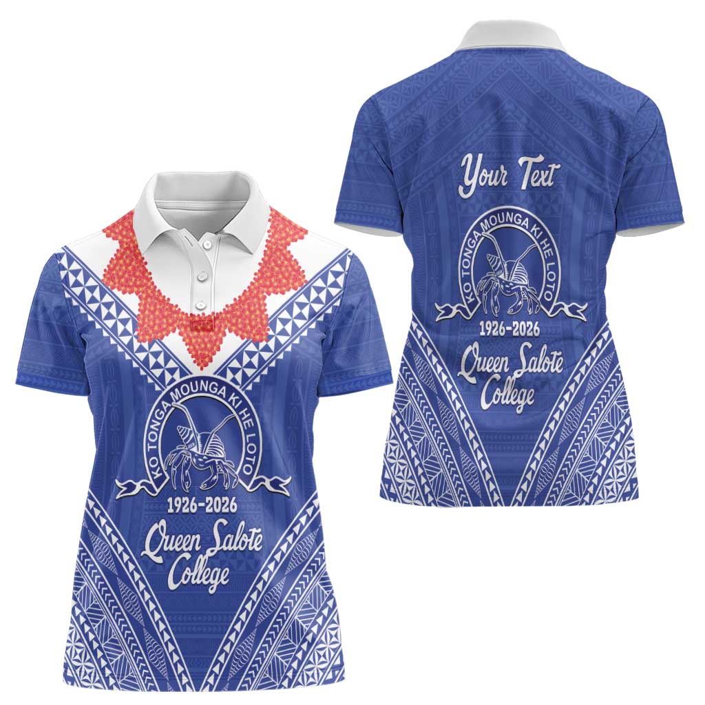 Queen Salote College 100 Years Personalized Women Polo Shirt Tonga QSC Heilala Lei Blue Ngatu Pattern LT14 - Polynesian Pride