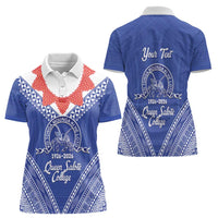 Queen Salote College 100 Years Personalized Women Polo Shirt Tonga QSC Heilala Lei Blue Ngatu Pattern LT14 - Polynesian Pride
