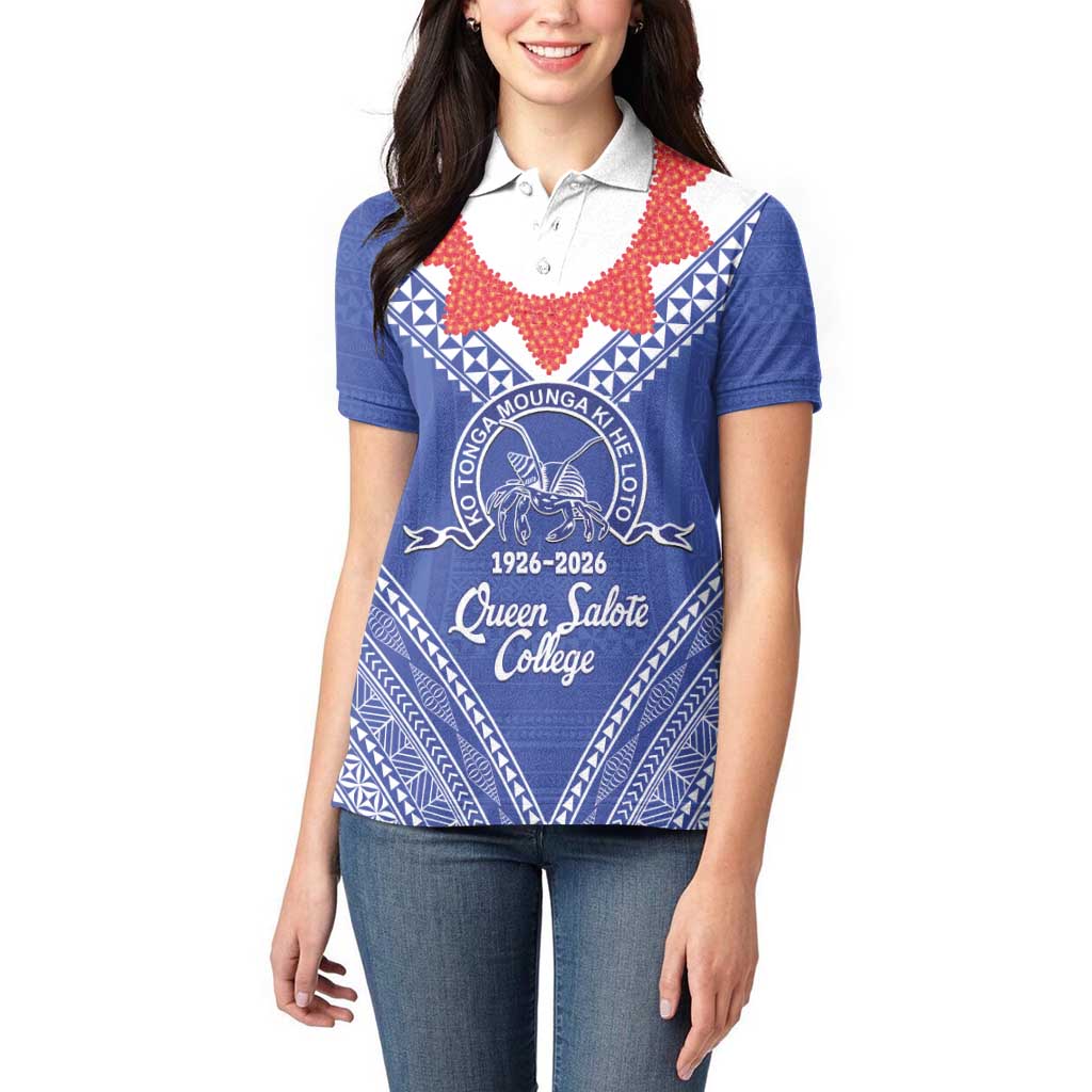 Queen Salote College 100 Years Personalized Women Polo Shirt Tonga QSC Heilala Lei Blue Ngatu Pattern LT14 - Polynesian Pride