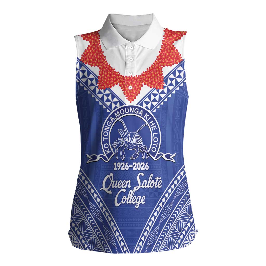 Queen Salote College 100 Years Personalized Women Sleeveless Polo Shirt Tonga QSC Heilala Lei Blue Ngatu Pattern LT14 Female Blue - Polynesian Pride
