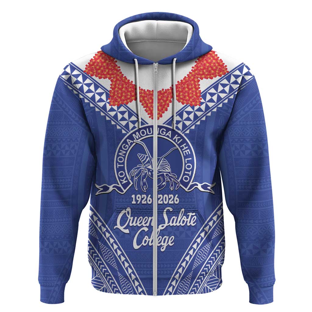Queen Salote College 100 Years Personalized Zip Hoodie Tonga QSC Heilala Lei Blue Ngatu Pattern LT14 Zip Hoodie Blue - Polynesian Pride