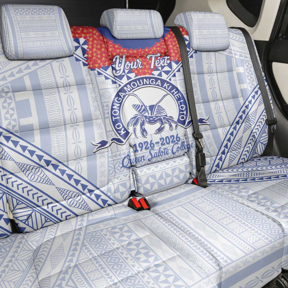 Queen Salote College 100 Years Personalized Back Car Seat Cover Tonga QSC Heilala Lei White Ngatu Pattern
