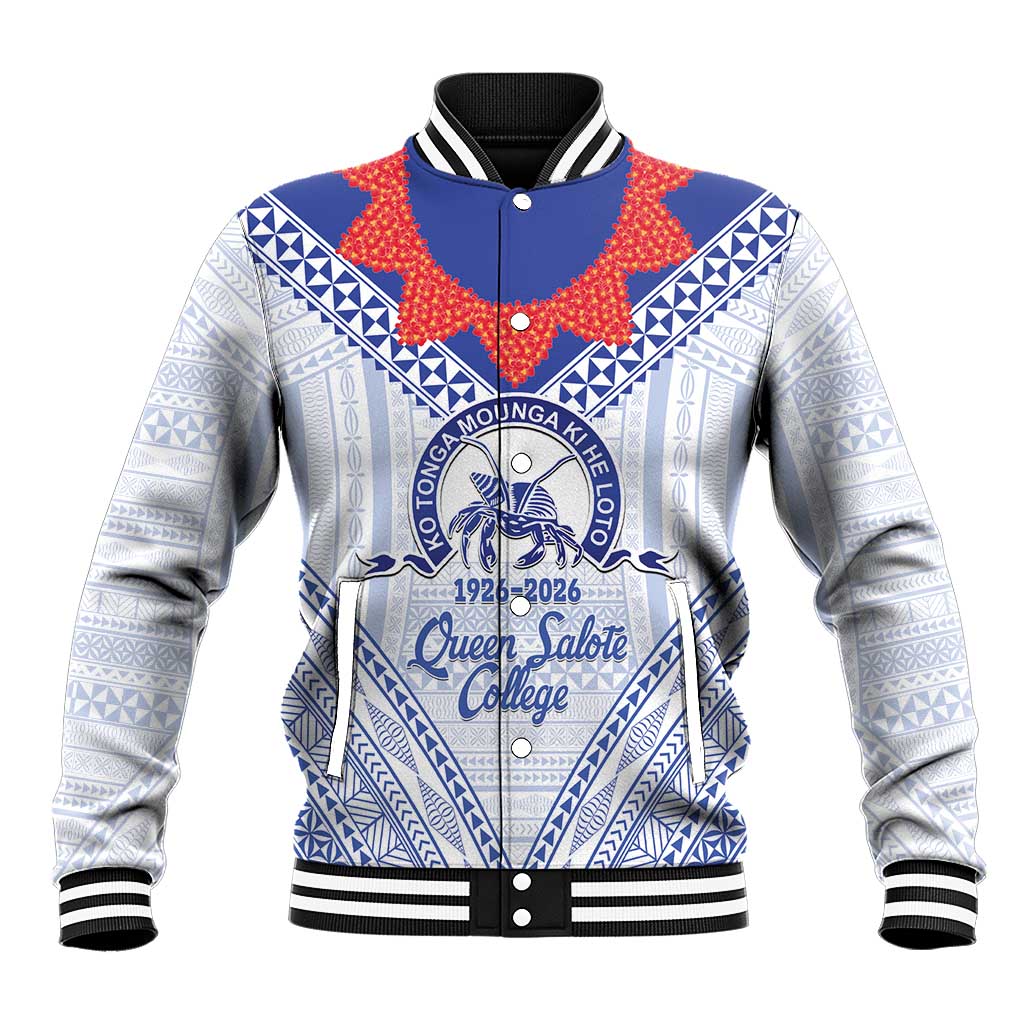 Queen Salote College 100 Years Personalized Baseball Jacket Tonga QSC Heilala Lei White Ngatu Pattern LT14 Unisex White - Polynesian Pride