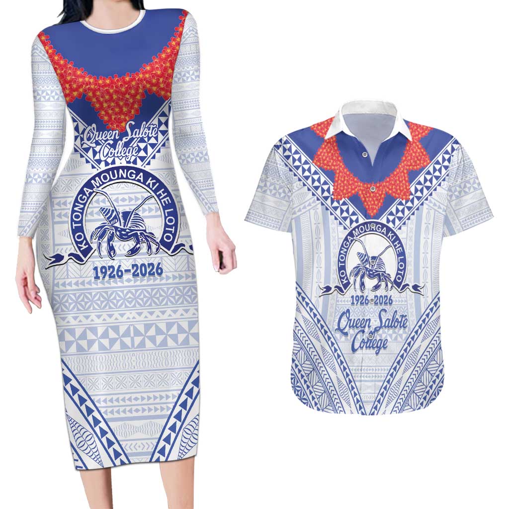 Queen Salote College 100 Years Personalized Couples Matching Long Sleeve Bodycon Dress and Hawaiian Shirt Tonga QSC Heilala Lei White Ngatu Pattern LT14 White - Polynesian Pride