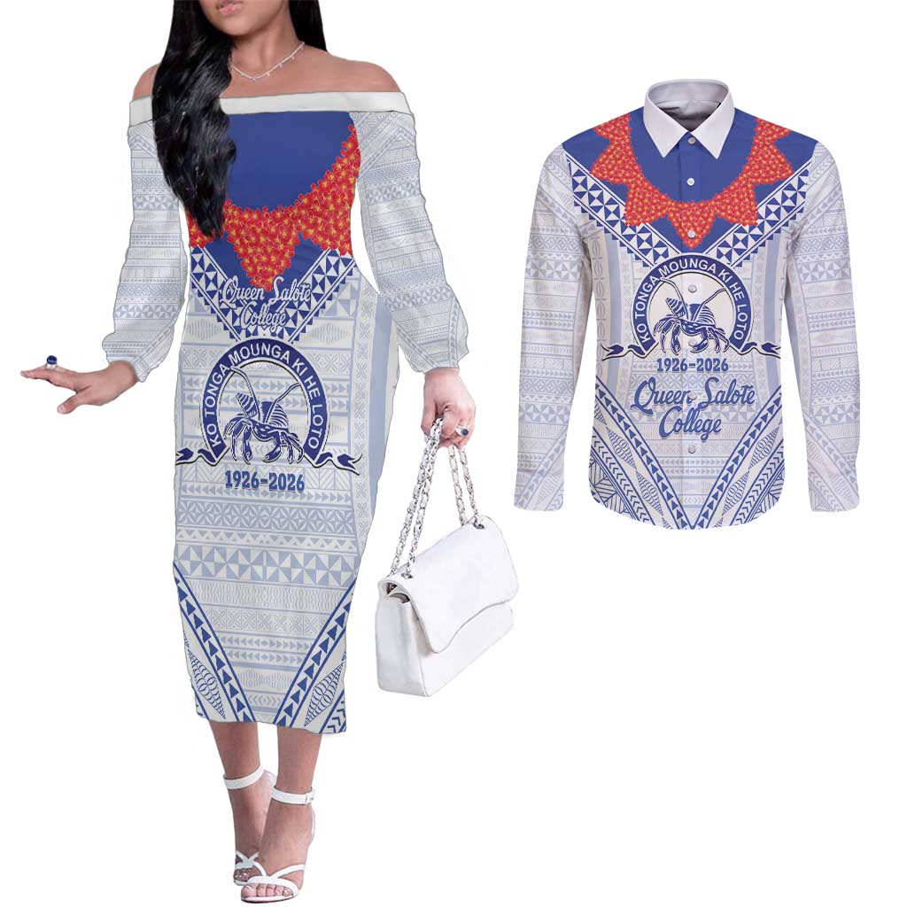 Queen Salote College 100 Years Personalized Couples Matching Off The Shoulder Long Sleeve Dress and Long Sleeve Button Shirt Tonga QSC Heilala Lei White Ngatu Pattern LT14 White - Polynesian Pride