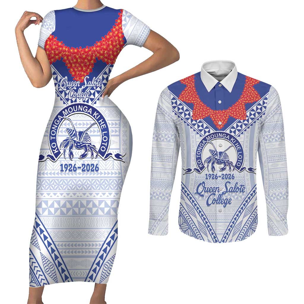 Queen Salote College 100 Years Personalized Couples Matching Short Sleeve Bodycon Dress and Long Sleeve Button Shirt Tonga QSC Heilala Lei White Ngatu Pattern LT14 White - Polynesian Pride