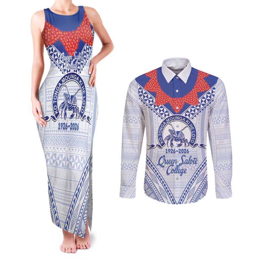 Queen Salote College 100 Years Personalized Couples Matching Tank Maxi Dress and Long Sleeve Button Shirt Tonga QSC Heilala Lei White Ngatu Pattern LT14 White - Polynesian Pride