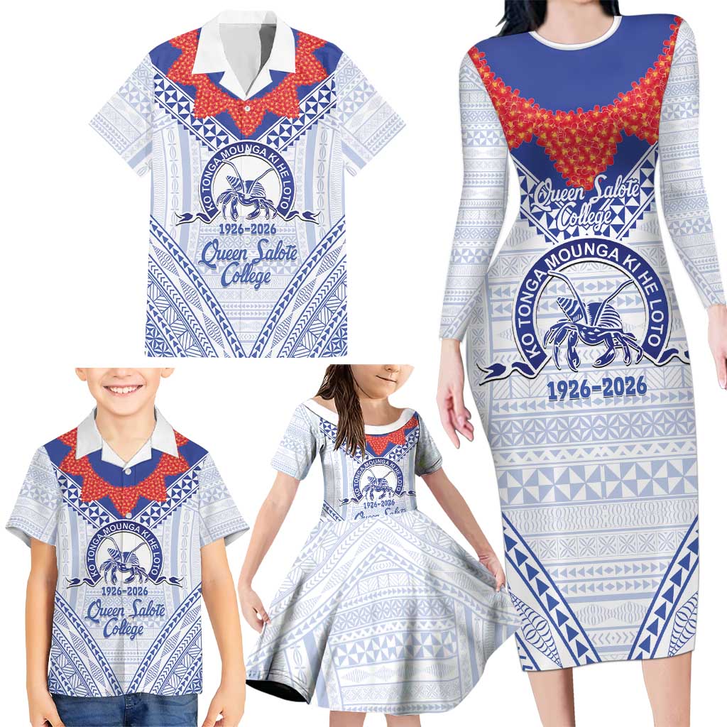 Queen Salote College 100 Years Personalized Family Matching Long Sleeve Bodycon Dress and Hawaiian Shirt Tonga QSC Heilala Lei White Ngatu Pattern LT14 - Polynesian Pride