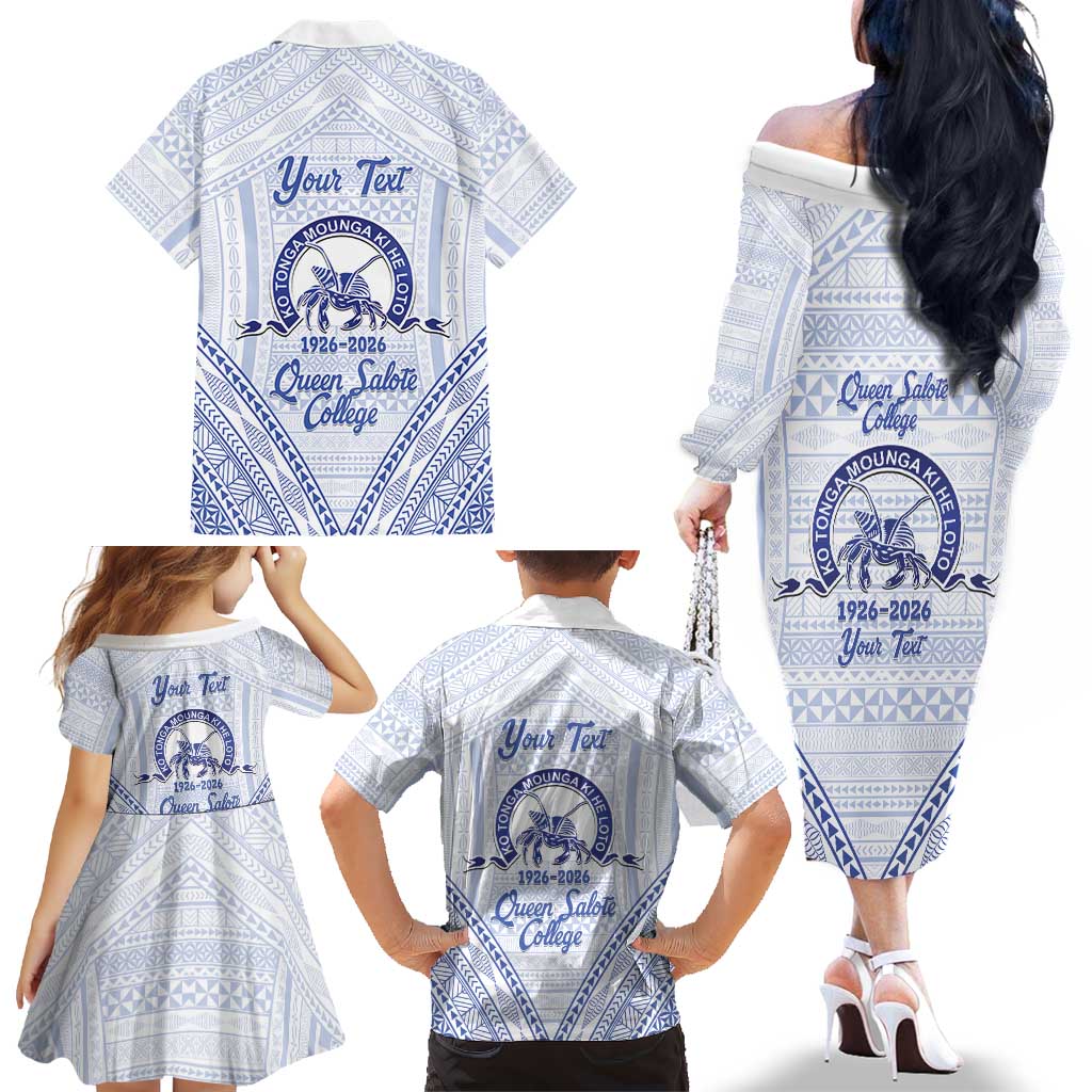 Queen Salote College 100 Years Personalized Family Matching Off The Shoulder Long Sleeve Dress and Hawaiian Shirt Tonga QSC Heilala Lei White Ngatu Pattern