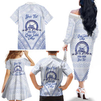 Queen Salote College 100 Years Personalized Family Matching Off The Shoulder Long Sleeve Dress and Hawaiian Shirt Tonga QSC Heilala Lei White Ngatu Pattern