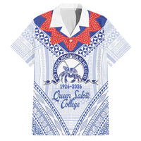 Queen Salote College 100 Years Personalized Family Matching Off The Shoulder Long Sleeve Dress and Hawaiian Shirt Tonga QSC Heilala Lei White Ngatu Pattern