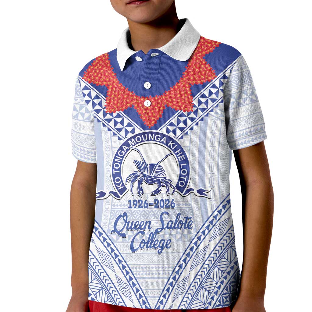 Queen Salote College 100 Years Personalized Kid Polo Shirt Tonga QSC Heilala Lei White Ngatu Pattern LT14 Kid White - Polynesian Pride