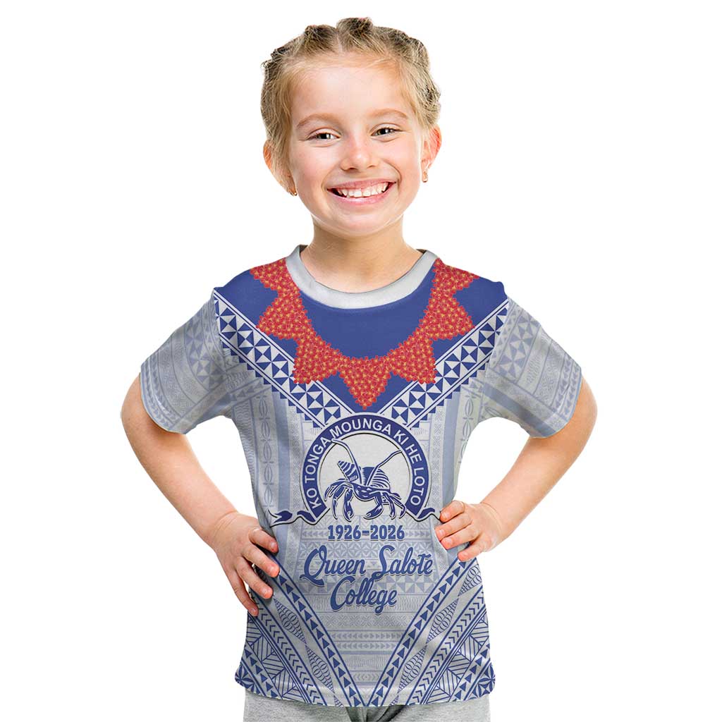 Queen Salote College 100 Years Personalized Kid T Shirt Tonga QSC Heilala Lei White Ngatu Pattern
