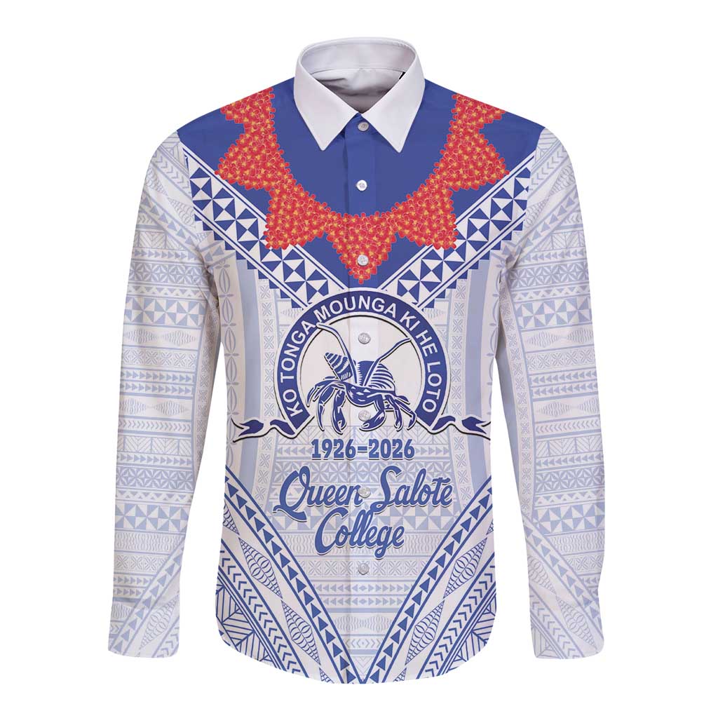 Queen Salote College 100 Years Personalized Long Sleeve Button Shirt Tonga QSC Heilala Lei White Ngatu Pattern