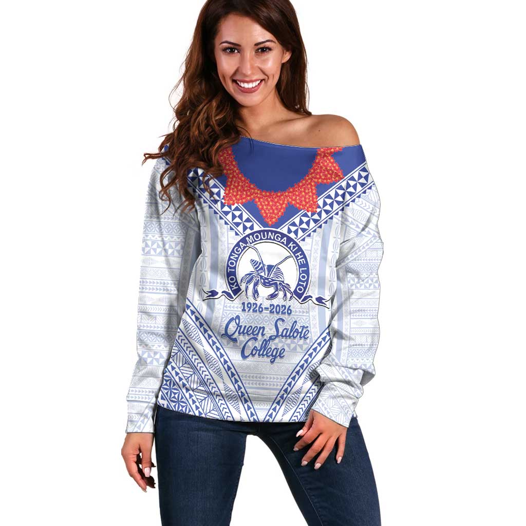 Queen Salote College 100 Years Personalized Off Shoulder Sweater Tonga QSC Heilala Lei White Ngatu Pattern