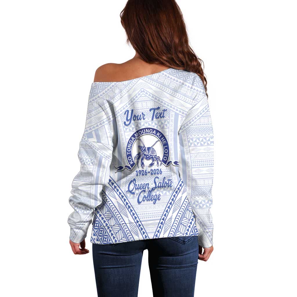 Queen Salote College 100 Years Personalized Off Shoulder Sweater Tonga QSC Heilala Lei White Ngatu Pattern
