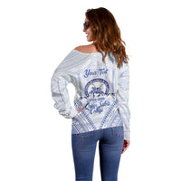Queen Salote College 100 Years Personalized Off Shoulder Sweater Tonga QSC Heilala Lei White Ngatu Pattern