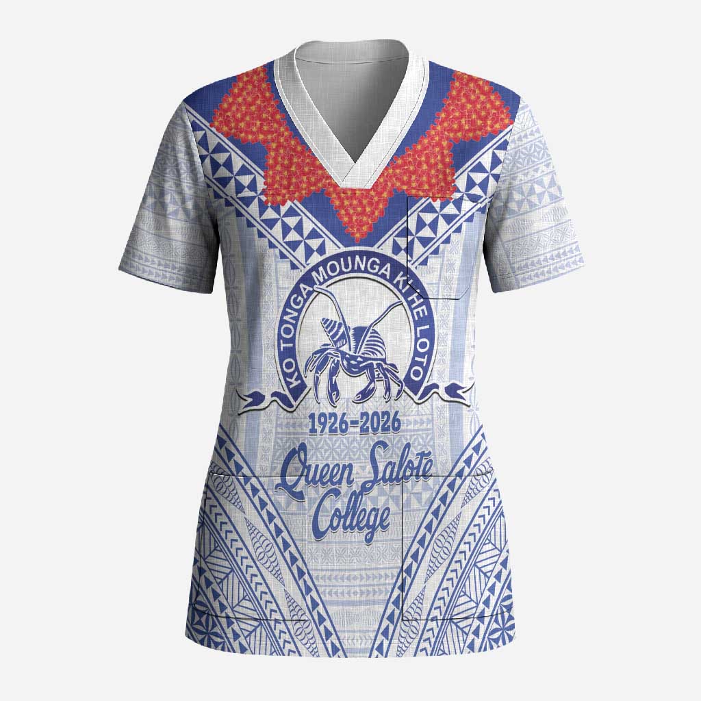 Queen Salote College 100 Years Personalized Scrub Top Tonga QSC Heilala Lei White Ngatu Pattern