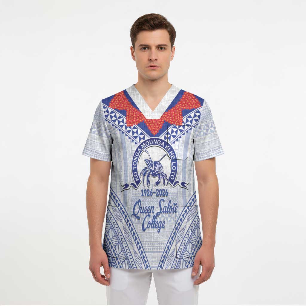 Queen Salote College 100 Years Personalized Scrub Top Tonga QSC Heilala Lei White Ngatu Pattern