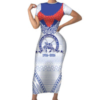 Queen Salote College 100 Years Personalized Short Sleeve Bodycon Dress Tonga QSC Heilala Lei White Ngatu Pattern LT14 Long Dress White - Polynesian Pride