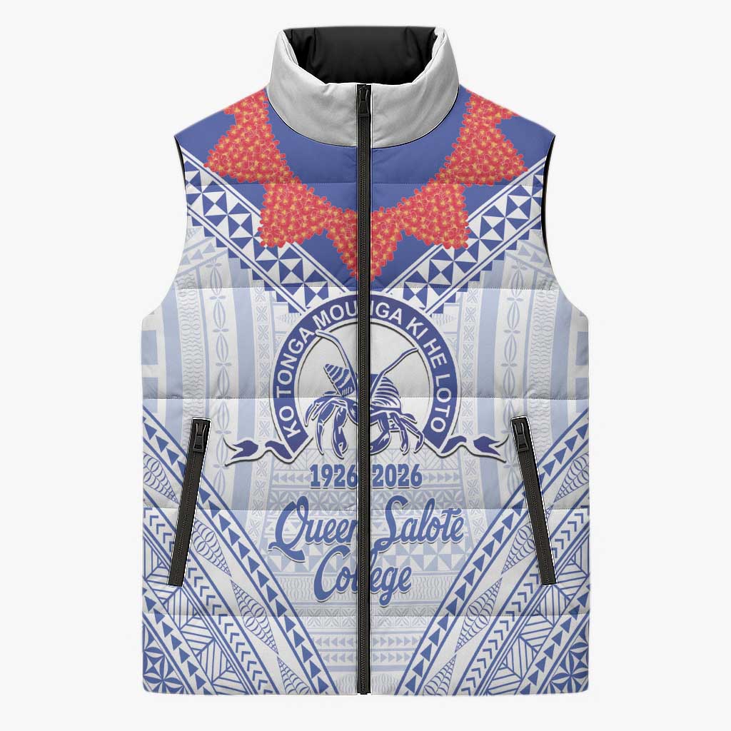 Queen Salote College 100 Years Personalized Sleeveless Puffer Jacket Tonga QSC Heilala Lei White Ngatu Pattern