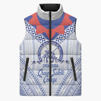Queen Salote College 100 Years Personalized Sleeveless Puffer Jacket Tonga QSC Heilala Lei White Ngatu Pattern