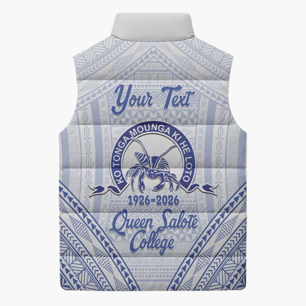 Queen Salote College 100 Years Personalized Sleeveless Puffer Jacket Tonga QSC Heilala Lei White Ngatu Pattern