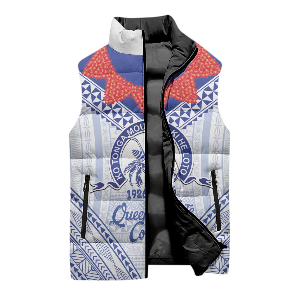 Queen Salote College 100 Years Personalized Sleeveless Puffer Jacket Tonga QSC Heilala Lei White Ngatu Pattern